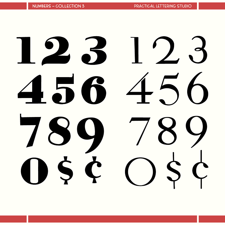 Practical Lettering Studio Numbers Collection, sheets 1 through 4. Four specimen sheets displaying hand-lettered numeral styles ranging from bold display serifs and condensed sans serifs to brush scripts and delicate fine-line styles. Each sheet shows numerals 0 through 9 with dollar and cent symbols across multiple style variations.