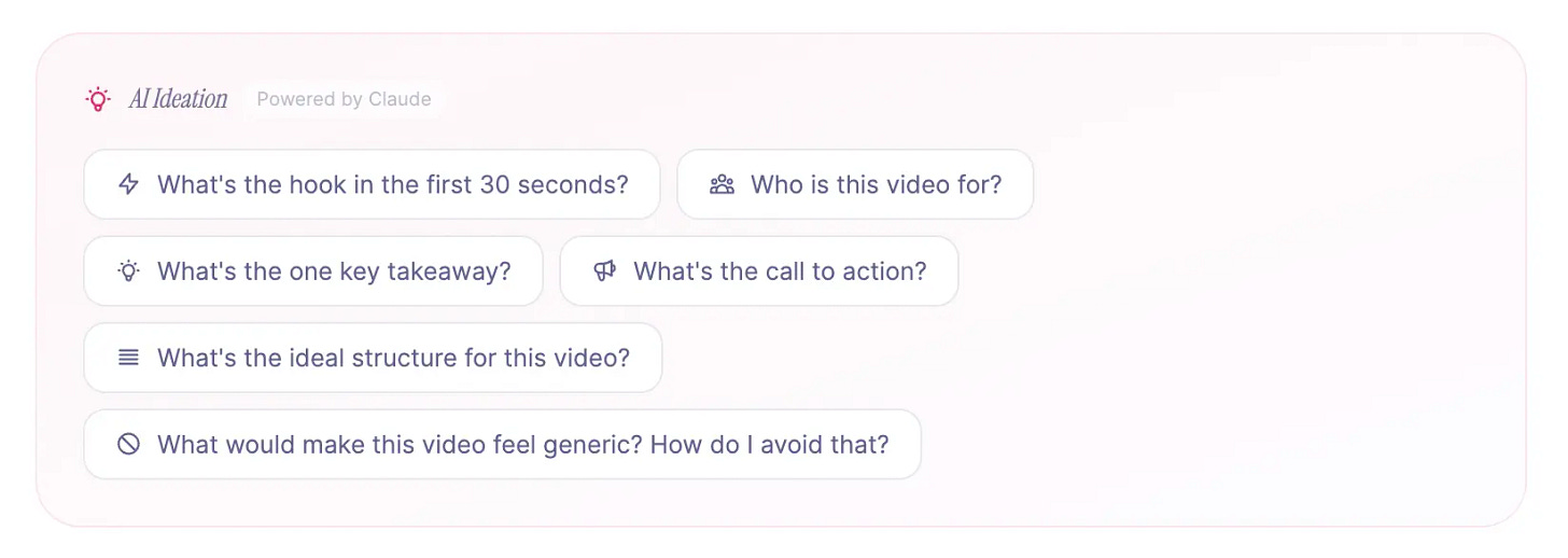 AI Ideation interface powered by Claude with six context-aware prompt buttons for video planning and differentiation. AI Ideation interface powered by Claude with six context-aware prompt buttons for video planning and differentiation.