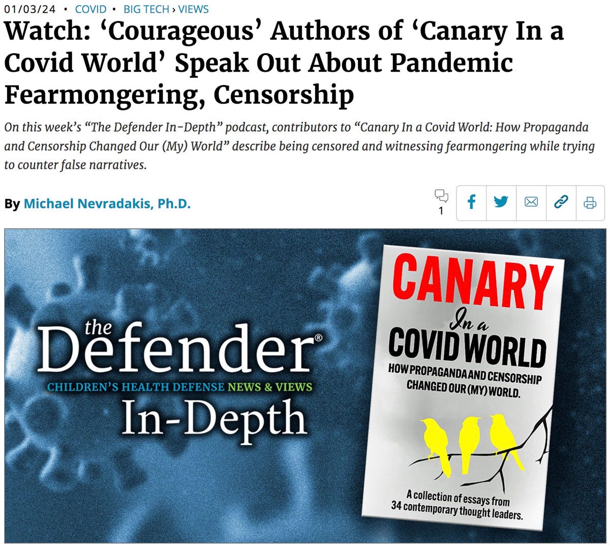 Children's Health Defense: The Defender Article on Canary in a COVID World Podcast Children's Health Defense: The Defender Article on Canary in a COVID World Podcast