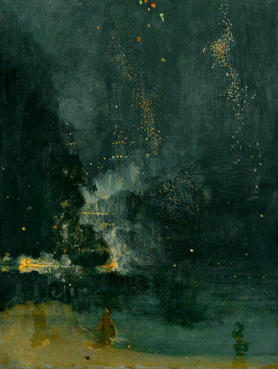 Impressionistic painting of a dark, black sky peppered with gold and red stars and a brush of ghostlike-people painted on the beach