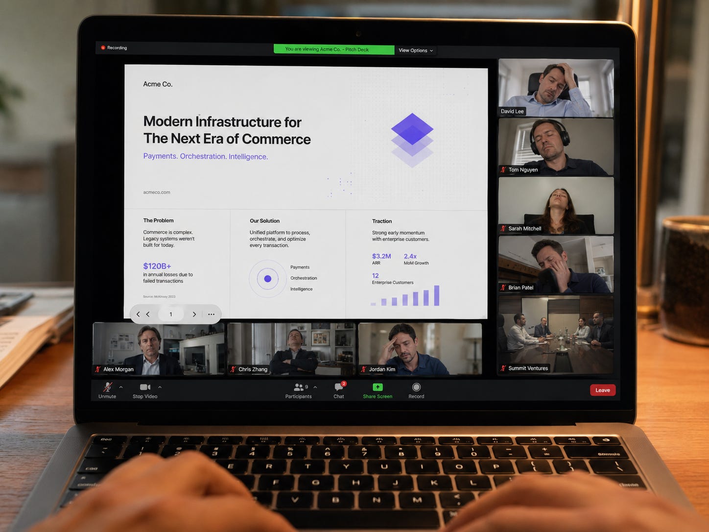 Founder shares a startup pitch deck over Zoom while several investors appear to be asleep or visibly disengaged. Founder shares a startup pitch deck over Zoom while several investors appear to be asleep or visibly disengaged.