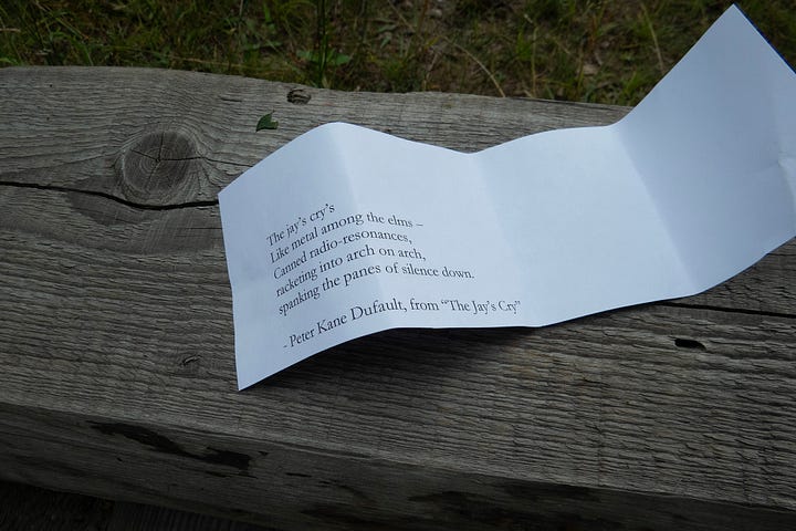 A small jar sitting on a wooden bench with a sign that says: take a poem for your walk. the second pic shows the poem I picked up, which is about Blue Jay's calls.