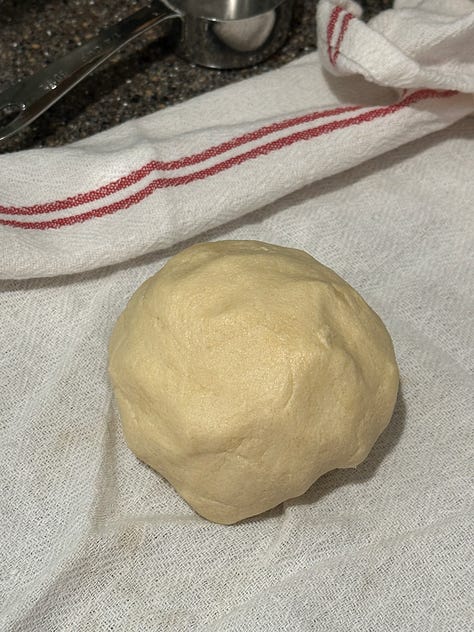 each process step of wrapping shortbread dough in a towel and placing in a bowl to chill in the refrigerator