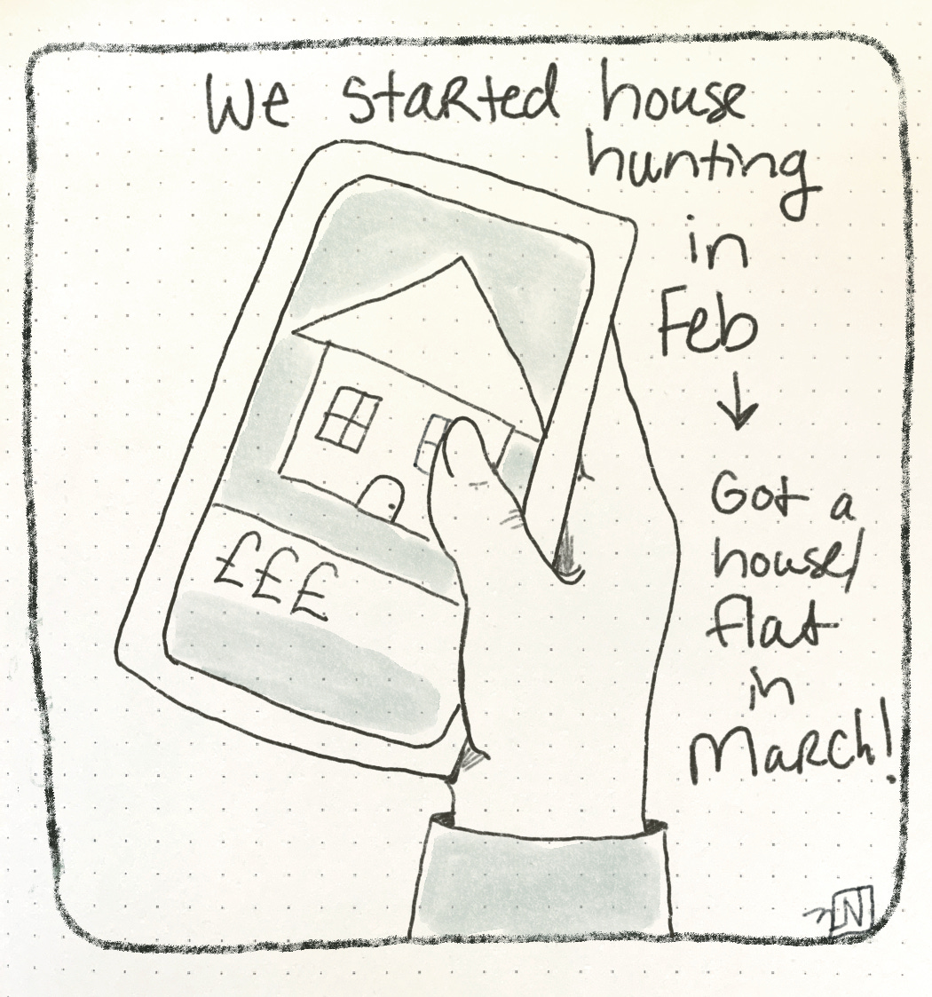 A drawing of someone looking at houses on their phone. the drawing says "We started looking at houses in Feb --> and got a house in March!"
