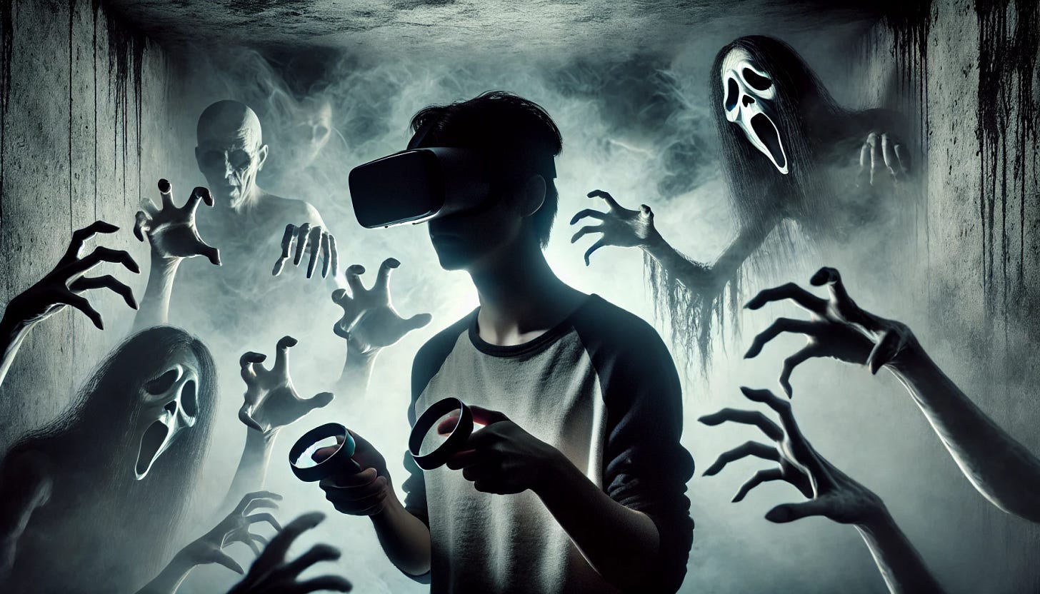 man playing VR that is surrounded by ghost and goblins