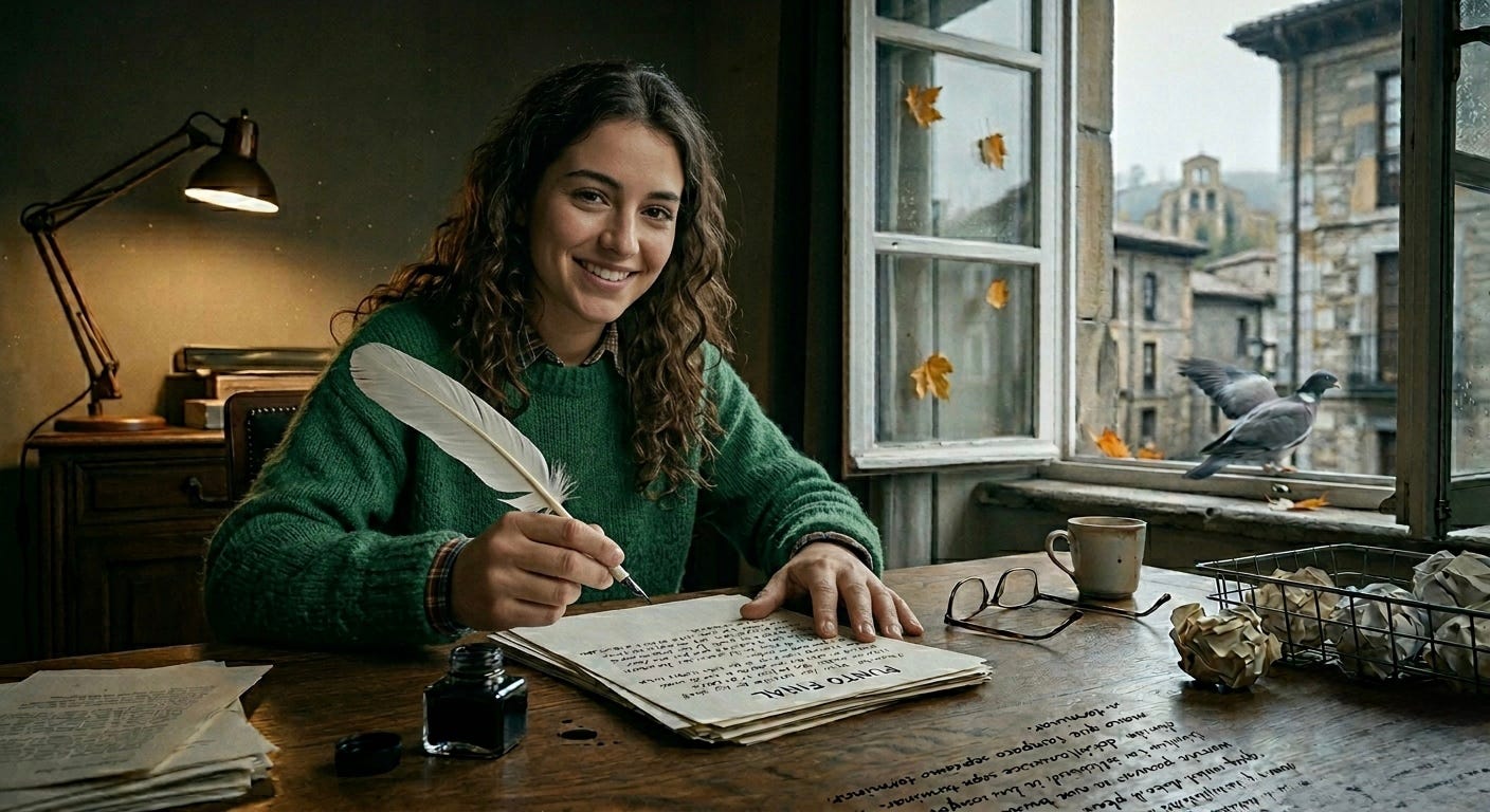 mujer sentada en un escritorio con la ventana abierta tras de ella, y una pluma de ganso blanca en la mano, preparada para escribir