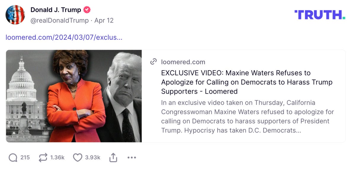 Trump shared Loomer's attack on Maxine Waters
