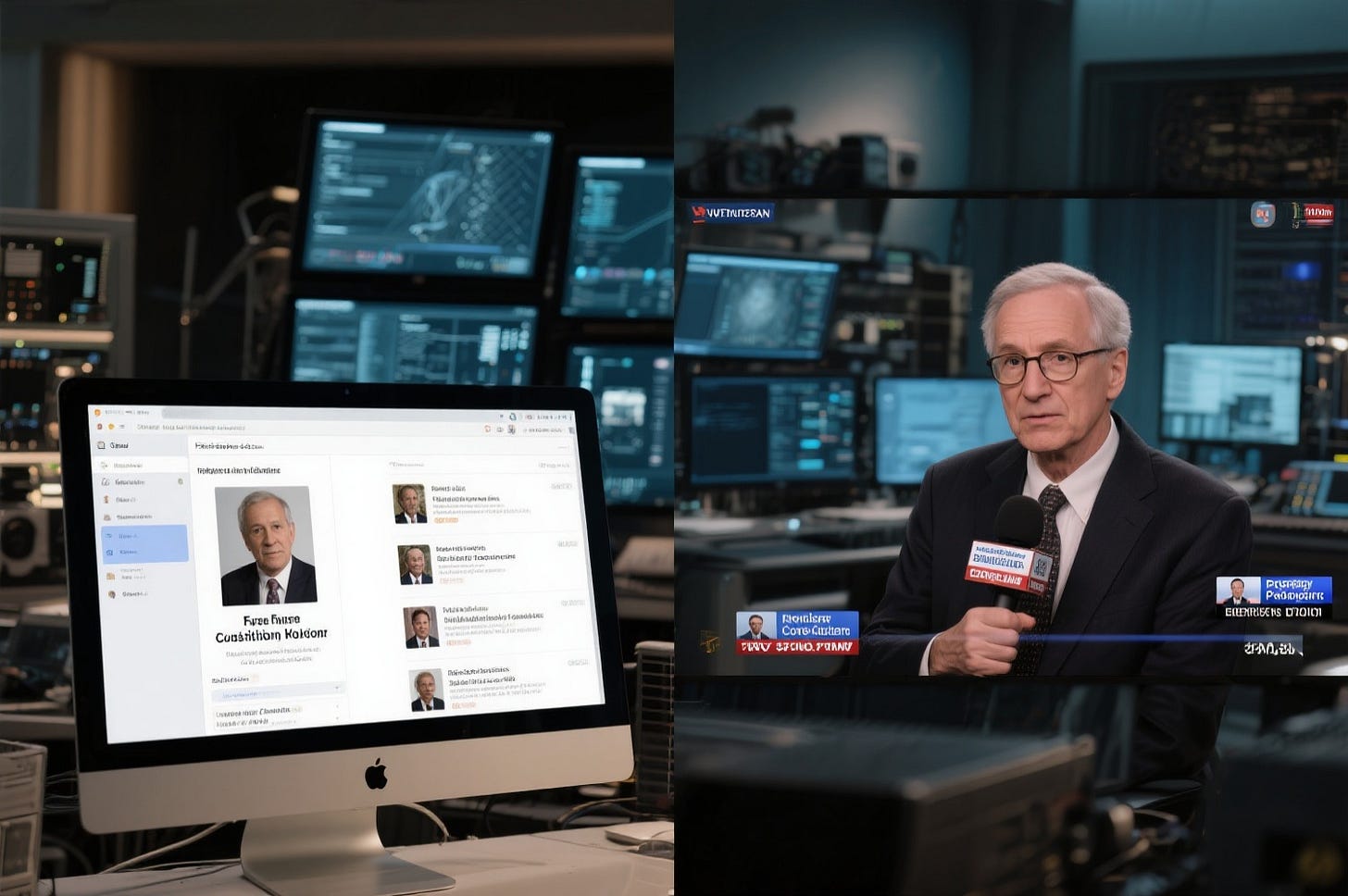 Split screen showing a computer displaying fake professor profiles on the left and a news anchor in a TV studio on the right, suggesting AI-generated misinformation campaigns. Split screen showing a computer displaying fake professor profiles on the left and a news anchor in a TV studio on the right, suggesting AI-generated misinformation campaigns.