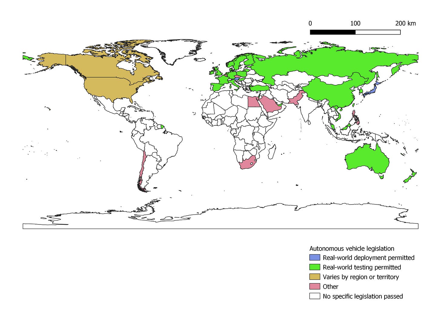 World map showing where you can deploy autonomous vehicles around the world. Most of the world has no specific legislation. Much of the northern hemisphere has legislation where you can test AVs in the real world