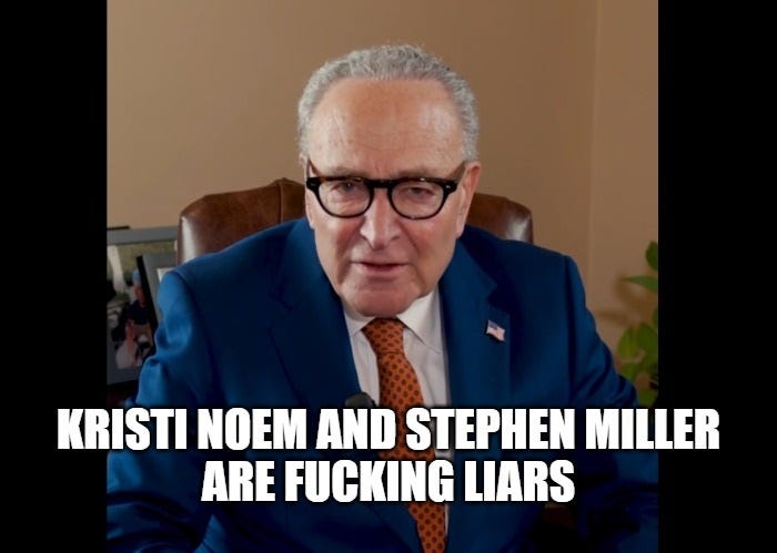 screenshot of January 27, 2026 Chuck Schumer social media video, with caption of Schumer saying, as he did in the video, 'Kristi Noem and Stephen Miller are fucking liars'