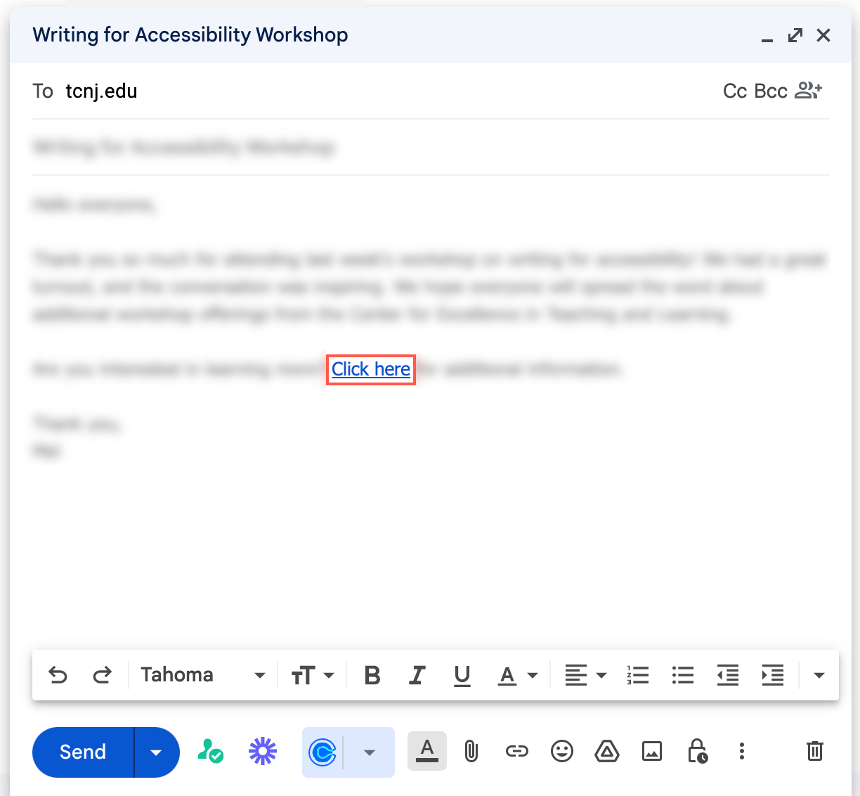  Screenshot of an open email composition window with a blurred message and a 'Click here' button for more information.