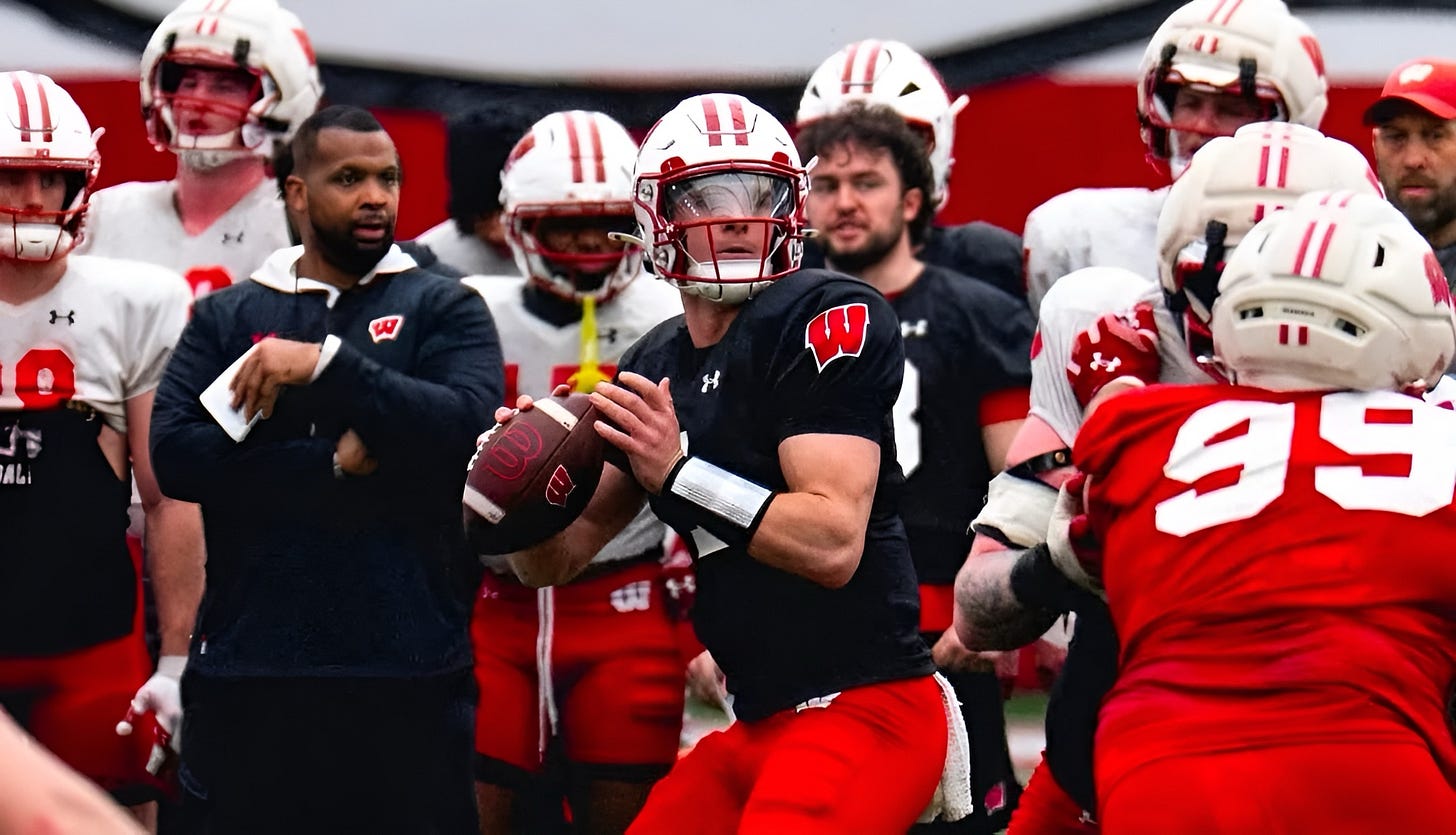 Wisconsin Badgers quarterback Colton Joseph drops back to pass during spring practice. Photo credit: UW Athletics.