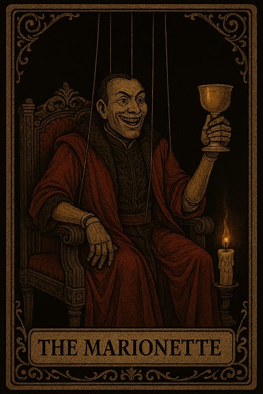 Create an image of the Marionette Tarokka card: A figure seated like a king. Robes fine as stitched sin. A goblet half-raised. His smile—wide. Greedy.

But his arms—wooden. Jointed. A marionette.

Above him, strings vanish into endless dark.