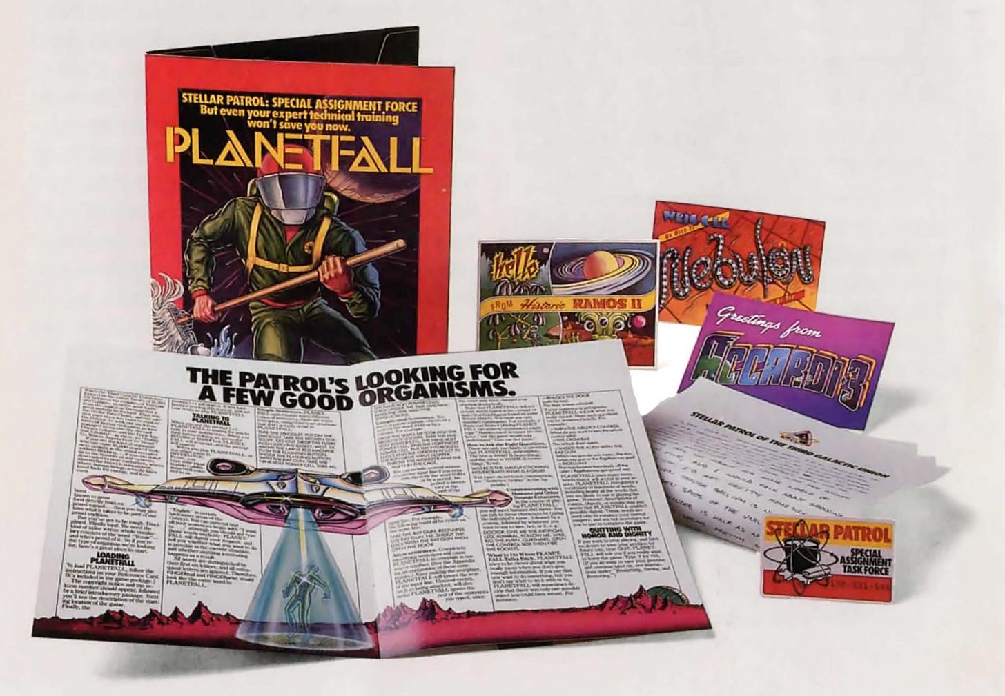 Photograph of pack-in materials that came with the 1983 Infocom game Planetfall, by Steve Meretzky.