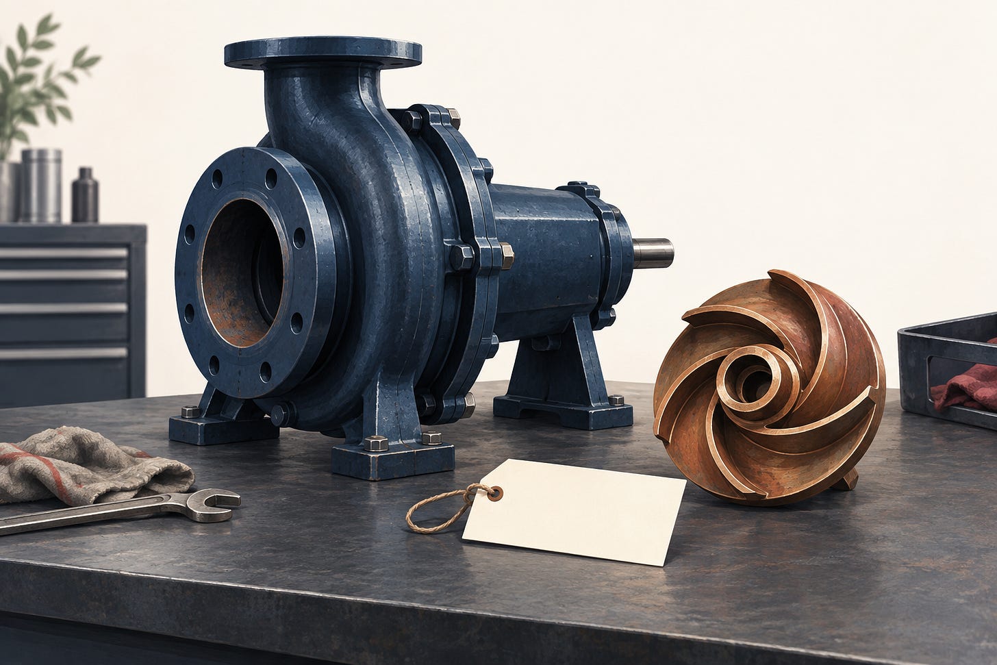 Conceptual illustration of an unbranded pump, a detached impeller and a blank job card on a workshop bench. Conceptual illustration of an unbranded pump, a detached impeller and a blank job card on a workshop bench.