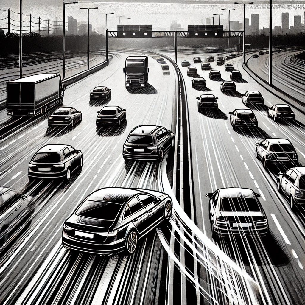 A black and white illustration depicting a car merging late into traffic. The scene shows a highway with multiple lanes filled with cars. The merging car, positioned to the right, is depicted entering the traffic flow at the last moment, causing other cars to brake or swerve slightly. The illustration captures the dynamic movement of the vehicles, with motion lines indicating speed and sudden maneuvering. The background shows a typical highway environment with road signs, barriers, and distant cityscape silhouettes. A black and white illustration depicting a car merging late into traffic. The scene shows a highway with multiple lanes filled with cars. The merging car, positioned to the right, is depicted entering the traffic flow at the last moment, causing other cars to brake or swerve slightly. The illustration captures the dynamic movement of the vehicles, with motion lines indicating speed and sudden maneuvering. The background shows a typical highway environment with road signs, barriers, and distant cityscape silhouettes.