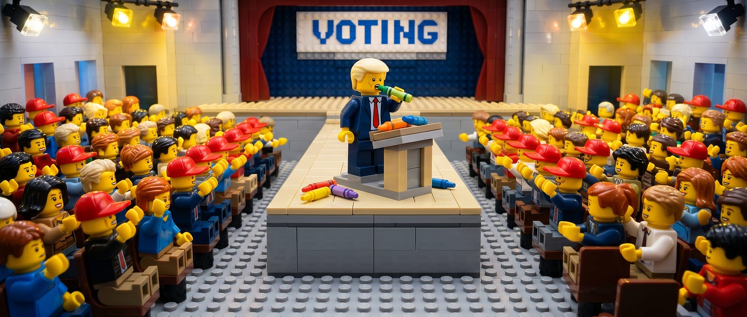 A LEGO-style diorama depicting a political stage and audience. A LEGO minifigure with blonde hair, wearing a navy blue suit and red tie, stands behind a podium with a large "VOTING" sign on the back wall, holding a crayon as if it were a microphone. The podium and stage floor are scattered with colorful crayons. Surrounding the stage is a large crowd of LEGO minifigures, many of whom are wearing red hats and looking up at the speaker. The entire scene uses standard LEGO brick construction details and warm stage lighting. A LEGO-style diorama depicting a political stage and audience. A LEGO minifigure with blonde hair, wearing a navy blue suit and red tie, stands behind a podium with a large "VOTING" sign on the back wall, holding a crayon as if it were a microphone. The podium and stage floor are scattered with colorful crayons. Surrounding the stage is a large crowd of LEGO minifigures, many of whom are wearing red hats and looking up at the speaker. The entire scene uses standard LEGO brick construction details and warm stage lighting.