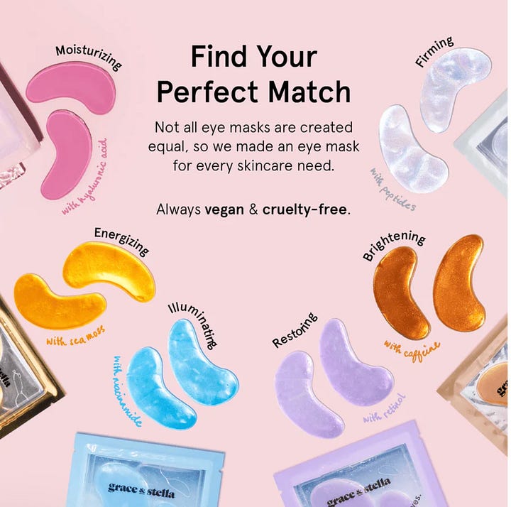 Grace & Stella Illuminating Under Eye Mask product infographic highlighting formula benefits with Niacinamide to brighten dull under-eyes, Rosemary Leaf Extract to target dark spots, and Hyaluronic Acid to lock in moisture.