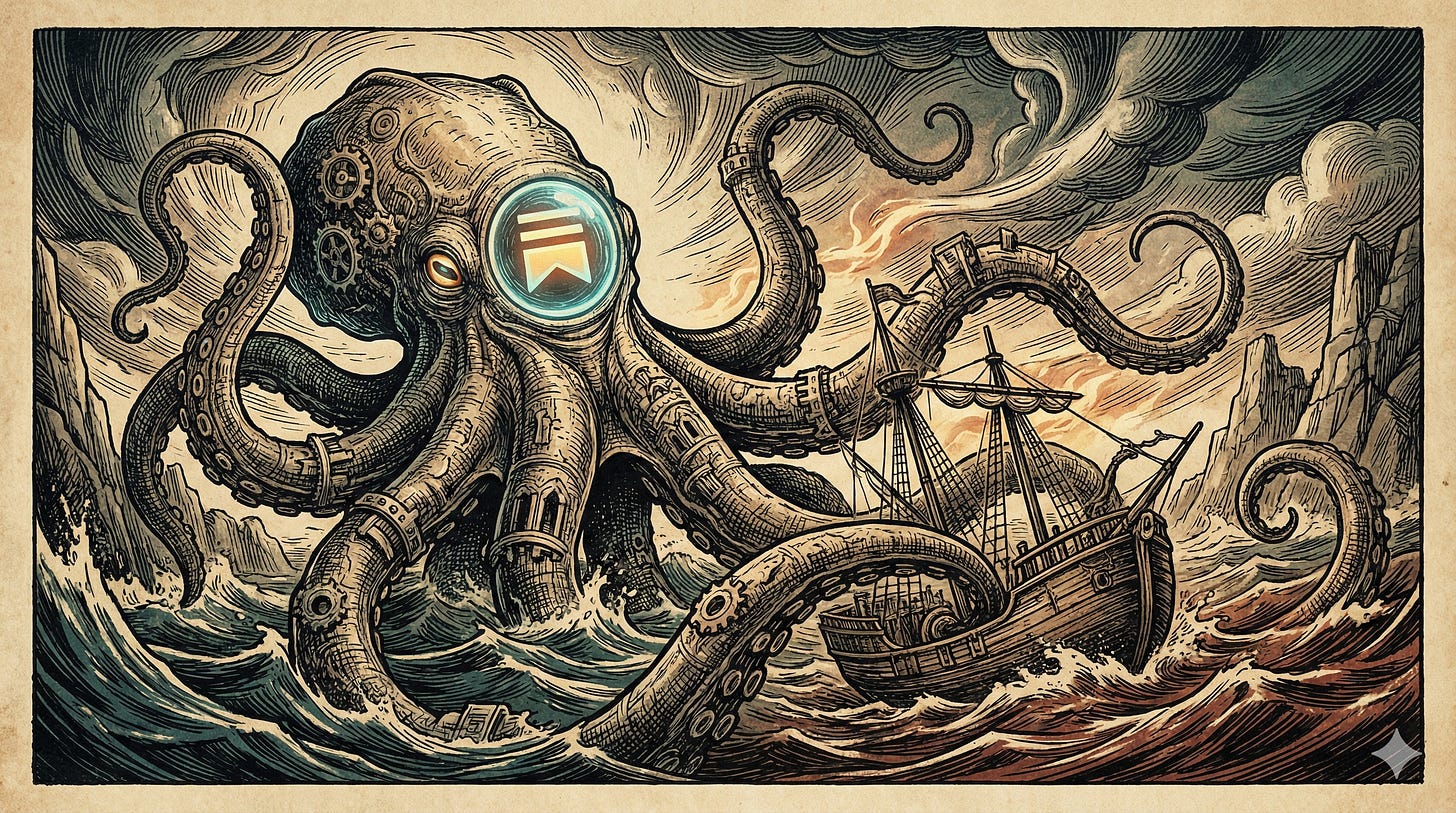 avigating Substack setup — etching illustration in teal and rust