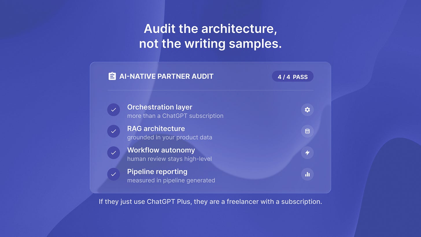 A partner-audit checklist marking orchestration layer, RAG architecture, workflow autonomy and pipeline reporting as pass.