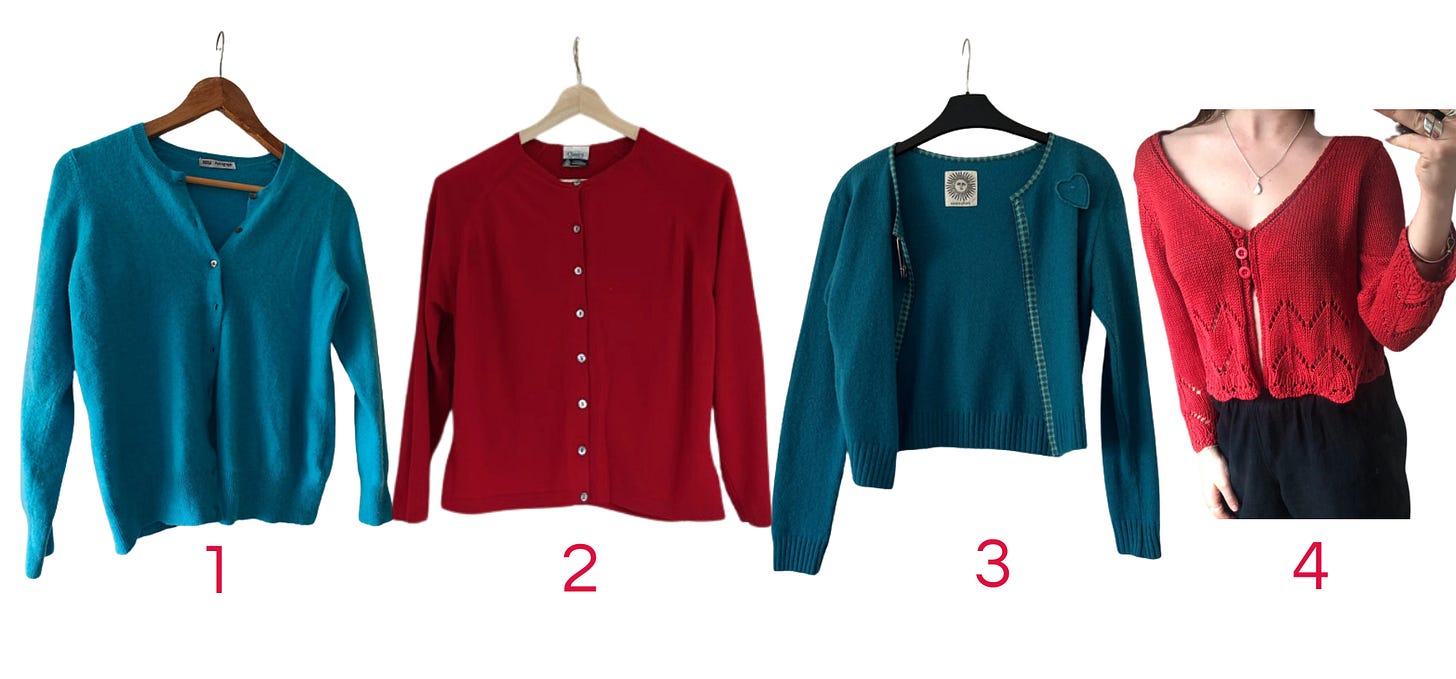 A blue round neck cardigan with buttons, a red round neck cardigan with buttons, a blue cardigan with no buttons, and a crochet red cardigan with two buttons at the top
