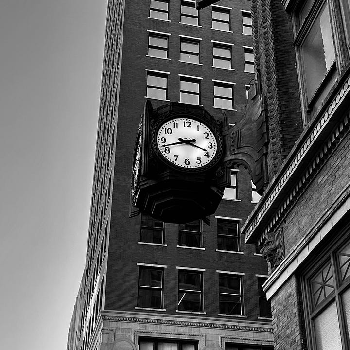 buildings, sidewalks, streets, clock, art