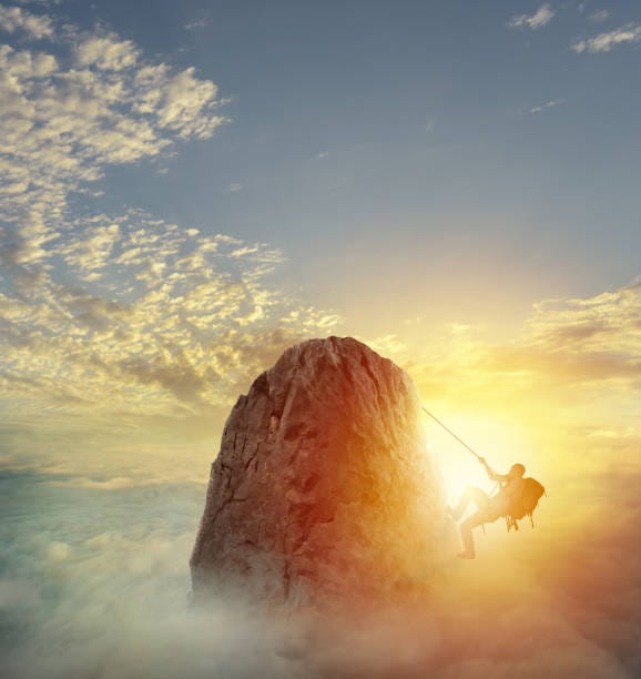 Businessman climb a mountain to get the flag. Achievement business goal and difficult career concept Businessman climb a mountain with a rope to get the flag. Achievement business goal and difficult career concept overcome stock pictures, royalty-free photos & images