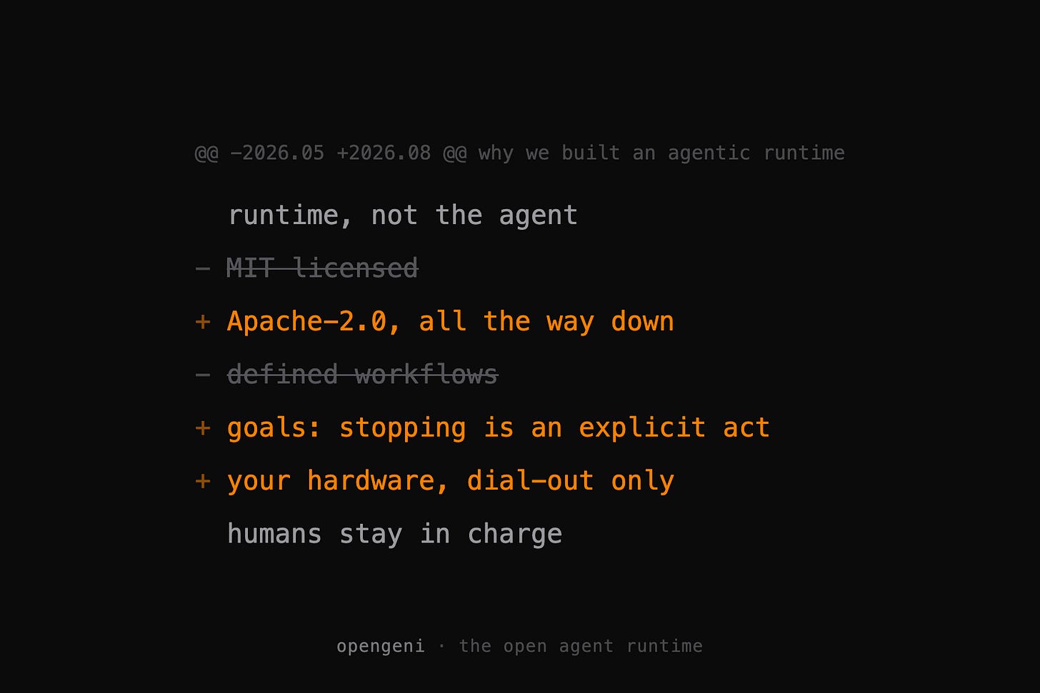 A git-style diff of the original announcement: kept lines in gray, removed lines struck through, added lines in orange
