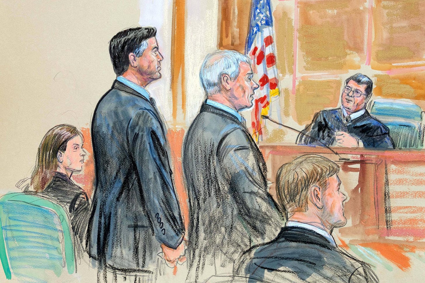 This courtroom sketch depicts former FBI Director James Comey, second from left, and his attorneys during his arraignment at the federal courthouse in Alexandria, Va., on Wednesday. (Dana Verkouteren via AP)