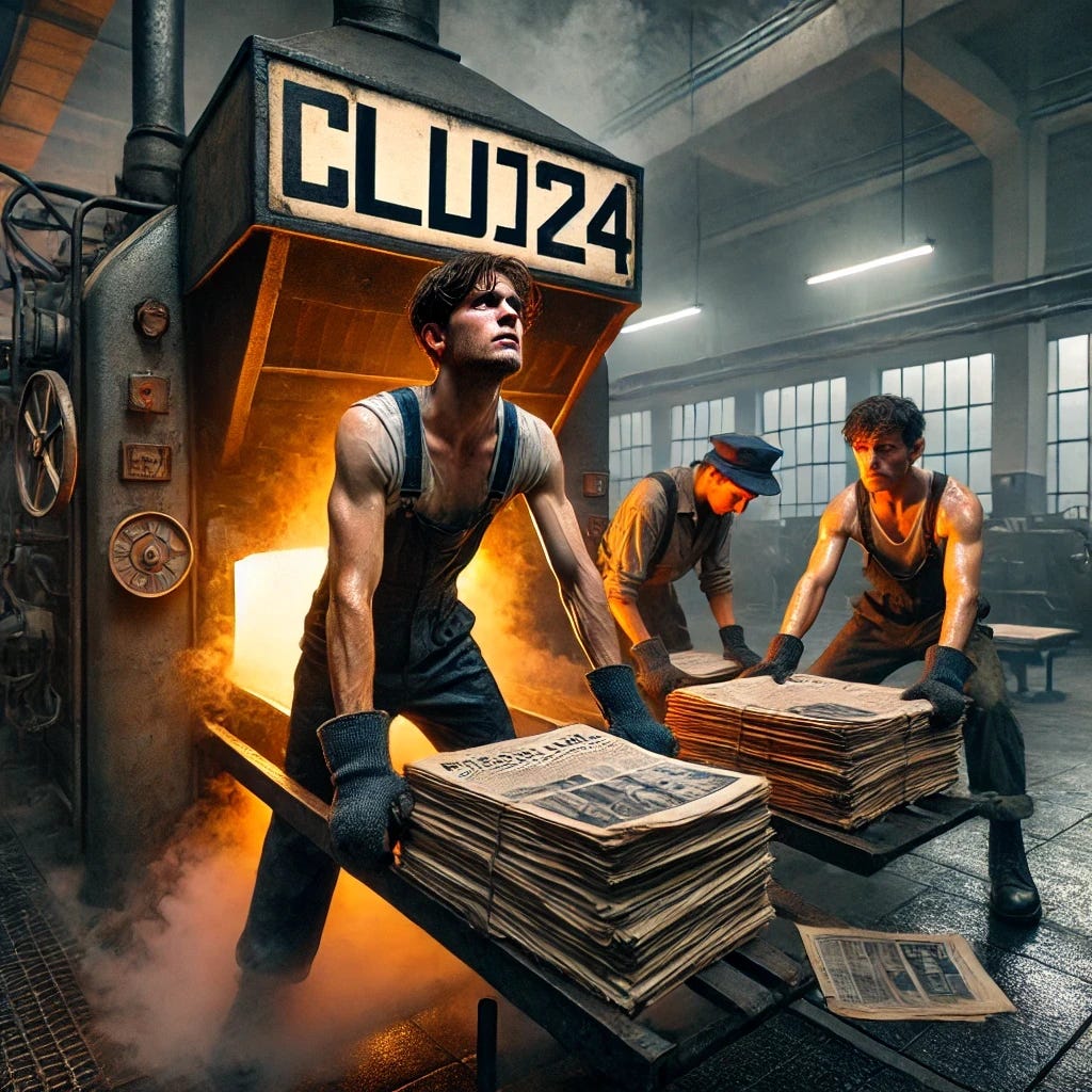 A factory styled like 1980s Romania with three workers visibly exhausted and putting great effort into their tasks. Two workers strain to pull newspapers from a glowing industrial oven marked with the word 'CLUJ24,' their faces sweaty and showing determination, while a third worker struggles to sort and stack papers nearby. The workers wear vintage Romanian factory uniforms, stained with soot, and the factory environment features heavy machinery, exposed pipes, and old posters. Steam and dim industrial lighting enhance the gritty atmosphere, emphasizing hard labor and resilience. A factory styled like 1980s Romania with three workers visibly exhausted and putting great effort into their tasks. Two workers strain to pull newspapers from a glowing industrial oven marked with the word 'CLUJ24,' their faces sweaty and showing determination, while a third worker struggles to sort and stack papers nearby. The workers wear vintage Romanian factory uniforms, stained with soot, and the factory environment features heavy machinery, exposed pipes, and old posters. Steam and dim industrial lighting enhance the gritty atmosphere, emphasizing hard labor and resilience.