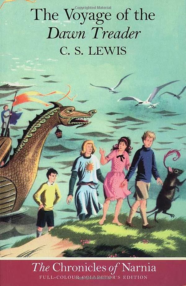 This may contain: the voyage of the drawn treader by c s lewis, illustrated by peter j moore