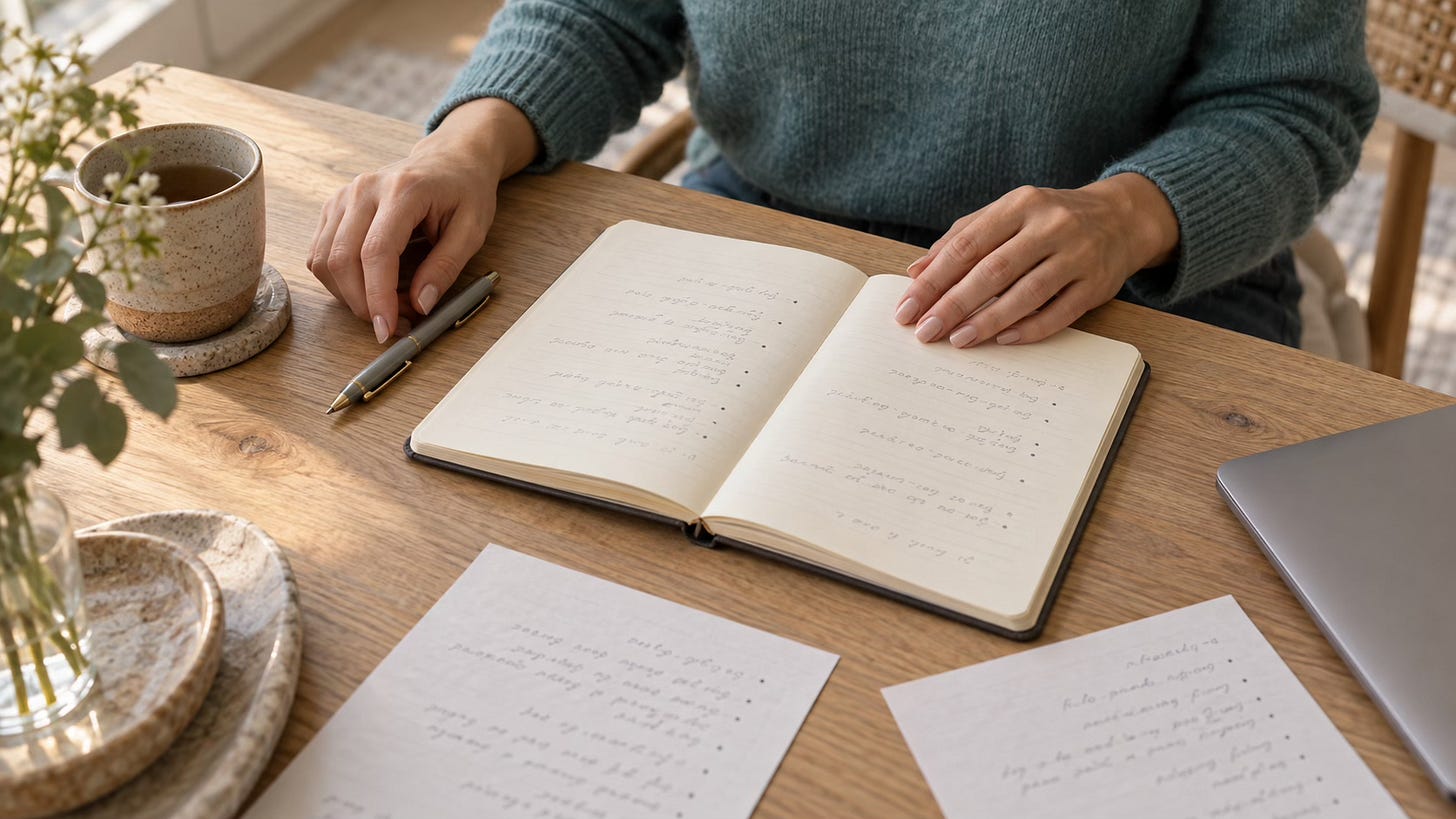 Hands resting beside a pen, open notebook and a few sheets of paper on a worktable. Hands resting beside a pen, open notebook and a few sheets of paper on a worktable.