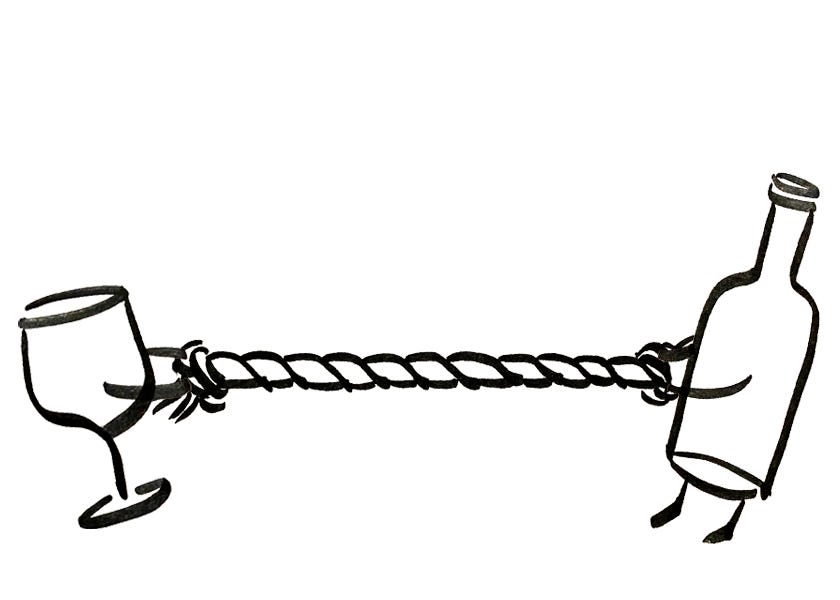 An anthropomorphic wine glass and bottle are pulling on opposite ends of the same rope