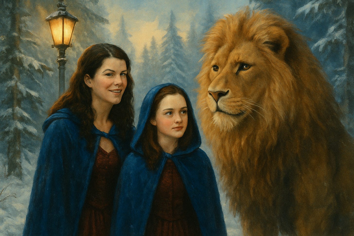 AI-Generated Fan Art Mashup of Lorelai Gilmore and Rory Gilmore in Narnia in the snow with a lion in the Chronicles of Narnia | rmrk*st | Remarkist Magazine