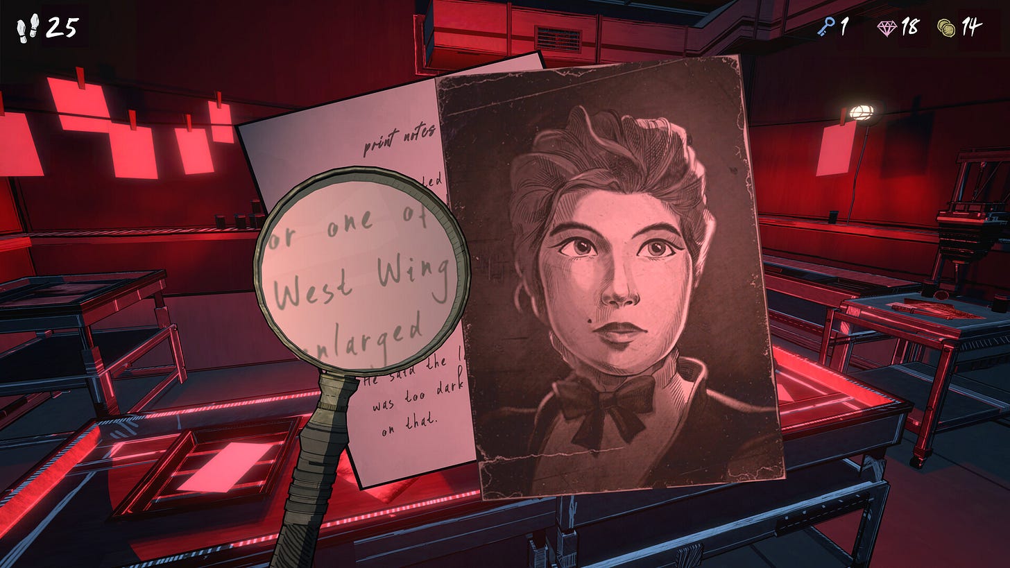 A magnifying glass examines photographs and documents
