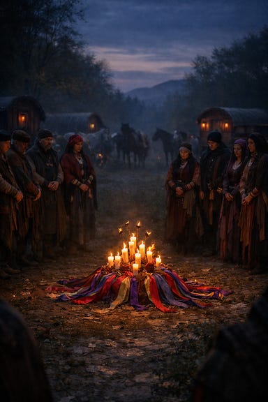 Vistani gathered in a wide circle around a small pyre of candles and colored ribbons, Madame Eva’s colors, silent scene at dusk Vistani gathered in a wide circle around a small pyre of candles and colored ribbons, Madame Eva’s colors, silent scene at dusk