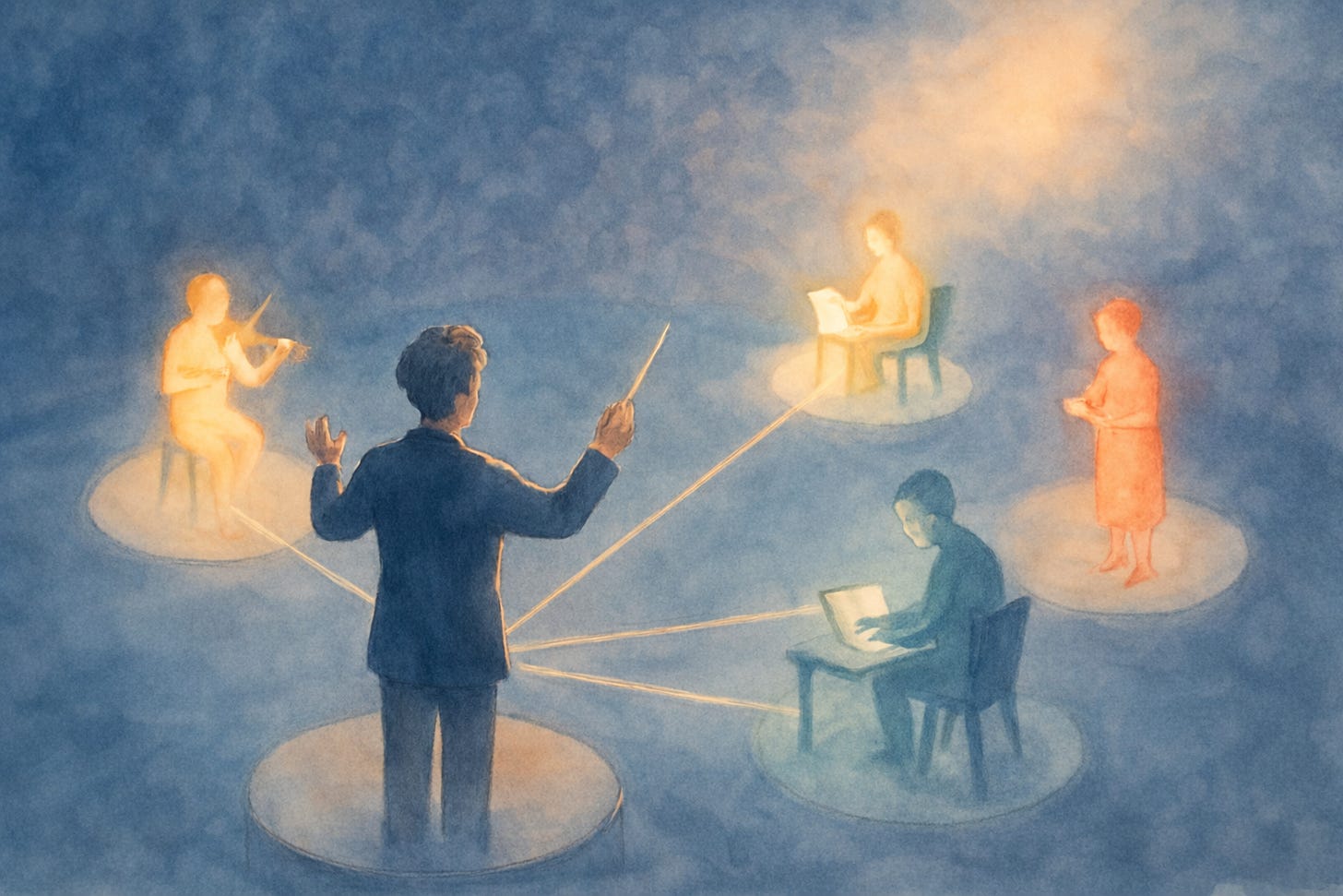 Conductor orchestrating multiple specialists, representing AI agent coordination and multi-agent system design