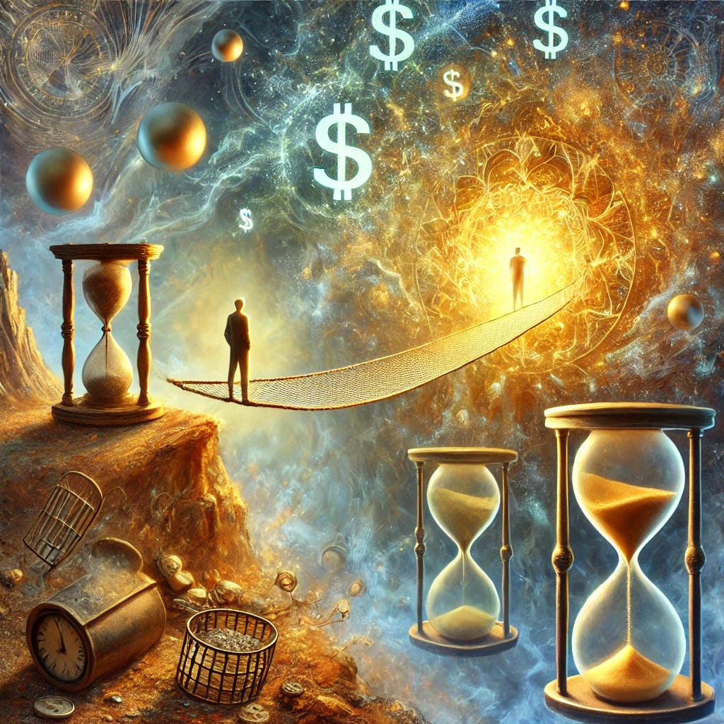 An abstract and symbolic image representing the transformation from scarcity to abundance in human behavior. The image shows a figure standing at the edge of a cliff with a fragile rope bridge extending into a glowing void, symbolizing limitless growth and deferral of consequences. Behind the figure, there are scattered relics of scarcity—broken scales, empty baskets, and hourglasses with sand running out. In contrast, the glowing void contains floating golden orbs, dollar signs, and abstract gears symbolizing perpetual motion and financial alchemy. The color palette shifts from earthy tones on the cliffside to ethereal blues and golds in the void, capturing the transition from reality to illusion.