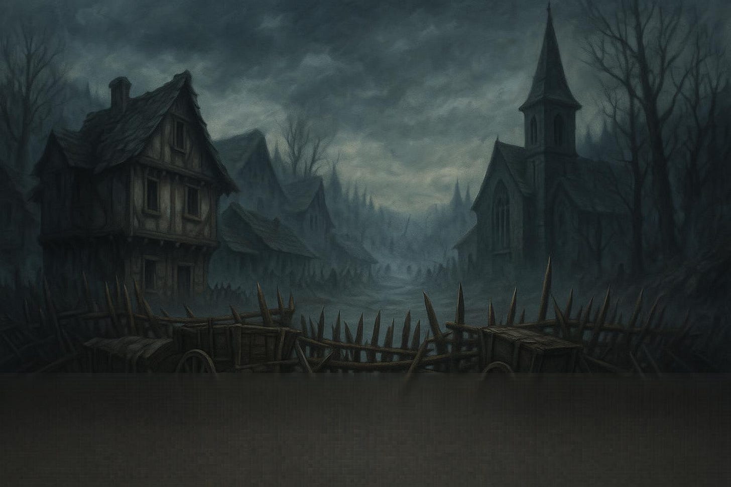 Create an image of the outskirts of the Village of Barovia, barricaded against the undead assault in Curse of Strahd