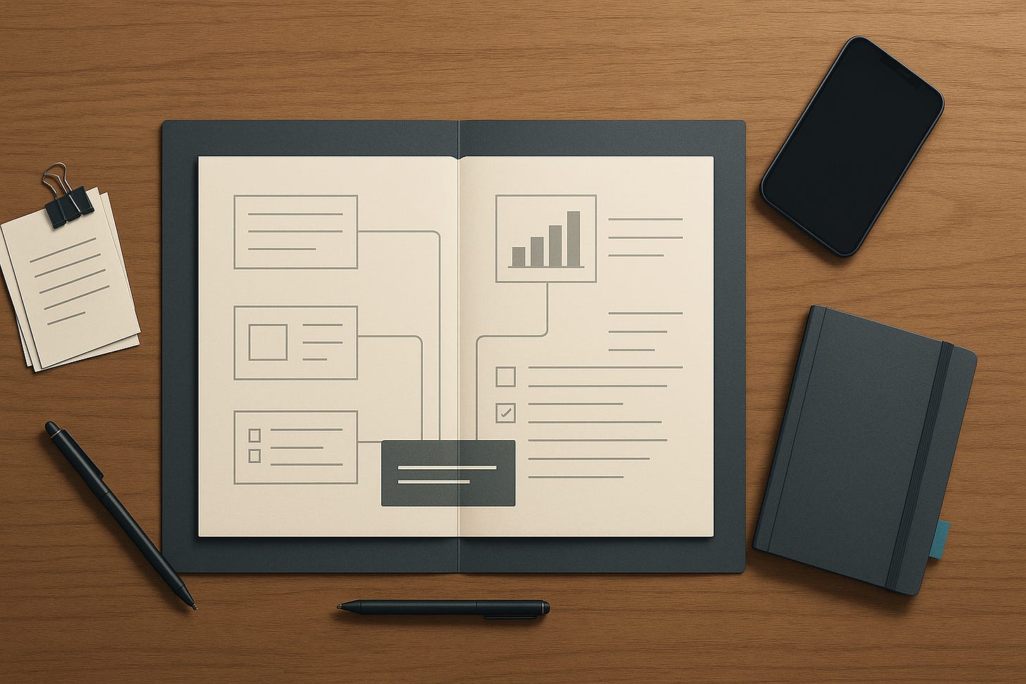 Top-down illustration of an open notebook laid flat on a wooden desk, showing a clean flowchart-style system linking notes, a chart, and checklist items across both pages, surrounded by a pen, small clipped note cards, a smartphone, and a closed black notebook.
