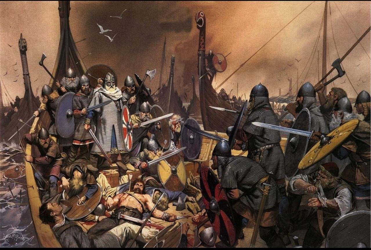 Olaf Tryggvason's final moments, by Angus McBride. One of my favourite  paintings from the fantastic book "The Vikings", written by Ian Heath. :  r/Norse