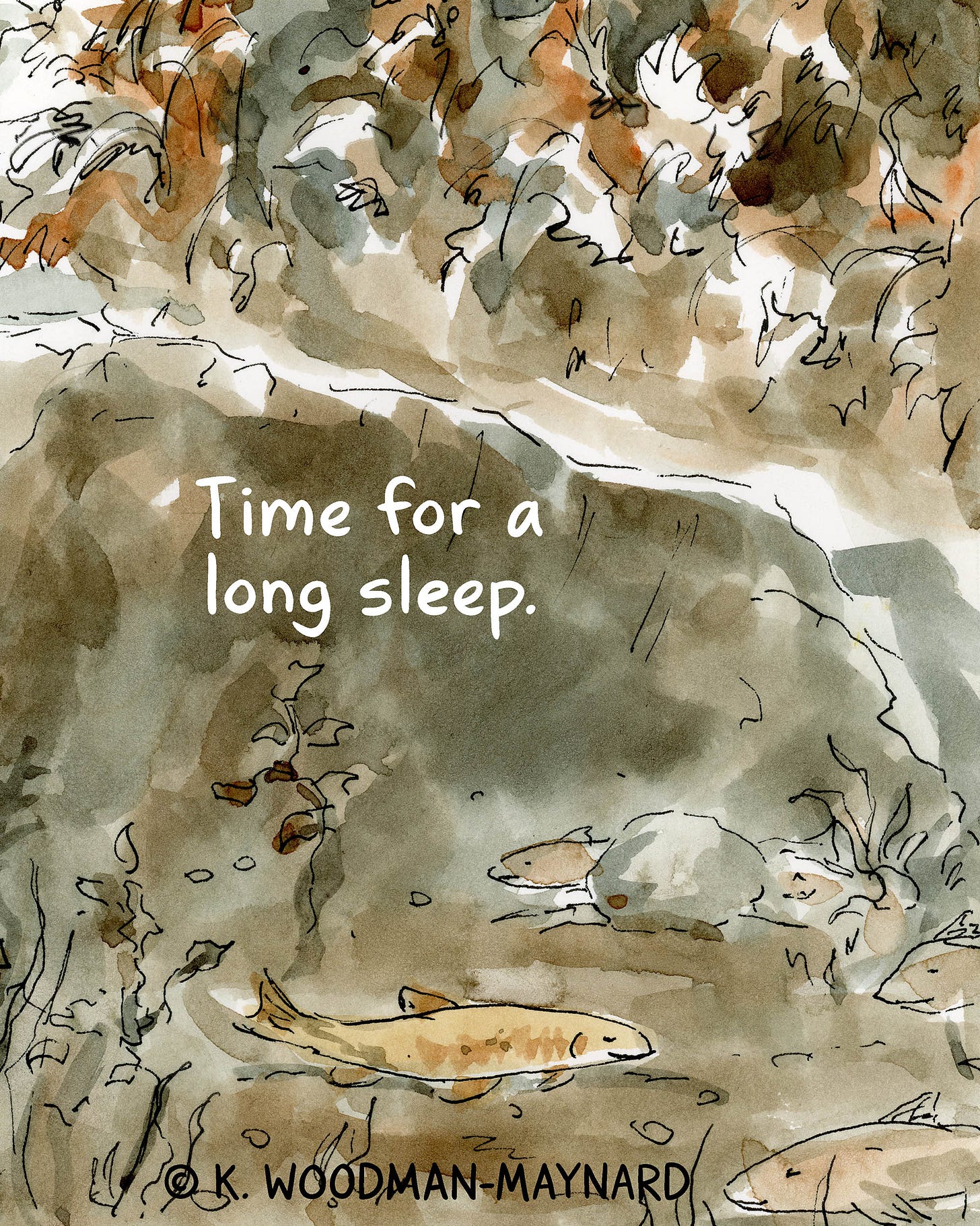 Watercolor comic page by graphic novelist K. Woodman-Maynard of fish swimming in a pond. Text reads, “Time for a long sleep.” Watercolor comic page by graphic novelist K. Woodman-Maynard of fish swimming in a pond. Text reads, “Time for a long sleep.”