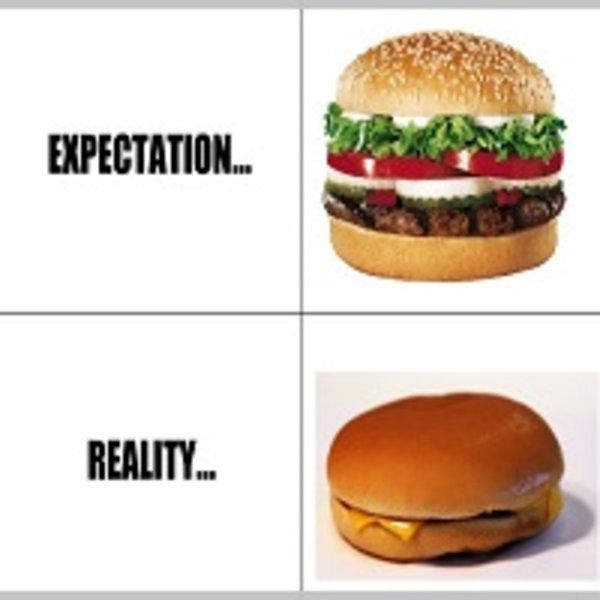 A picture of a gorgeous looking hamburger - expectation - and a picture of the real burger, which is not so appealing - reliaty A picture of a gorgeous looking hamburger - expectation - and a picture of the real burger, which is not so appealing - reliaty