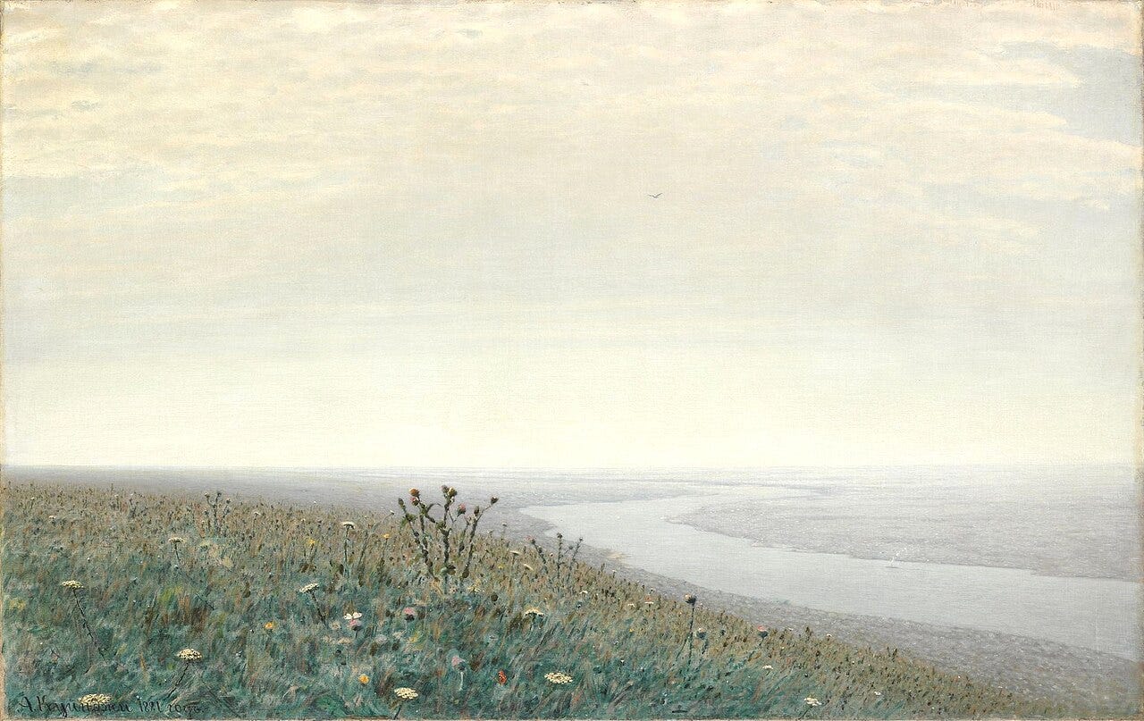 Kuindzhi's Morning on the Dnieper, pink haze over a river bank with thistles and wildflowers in the meadow