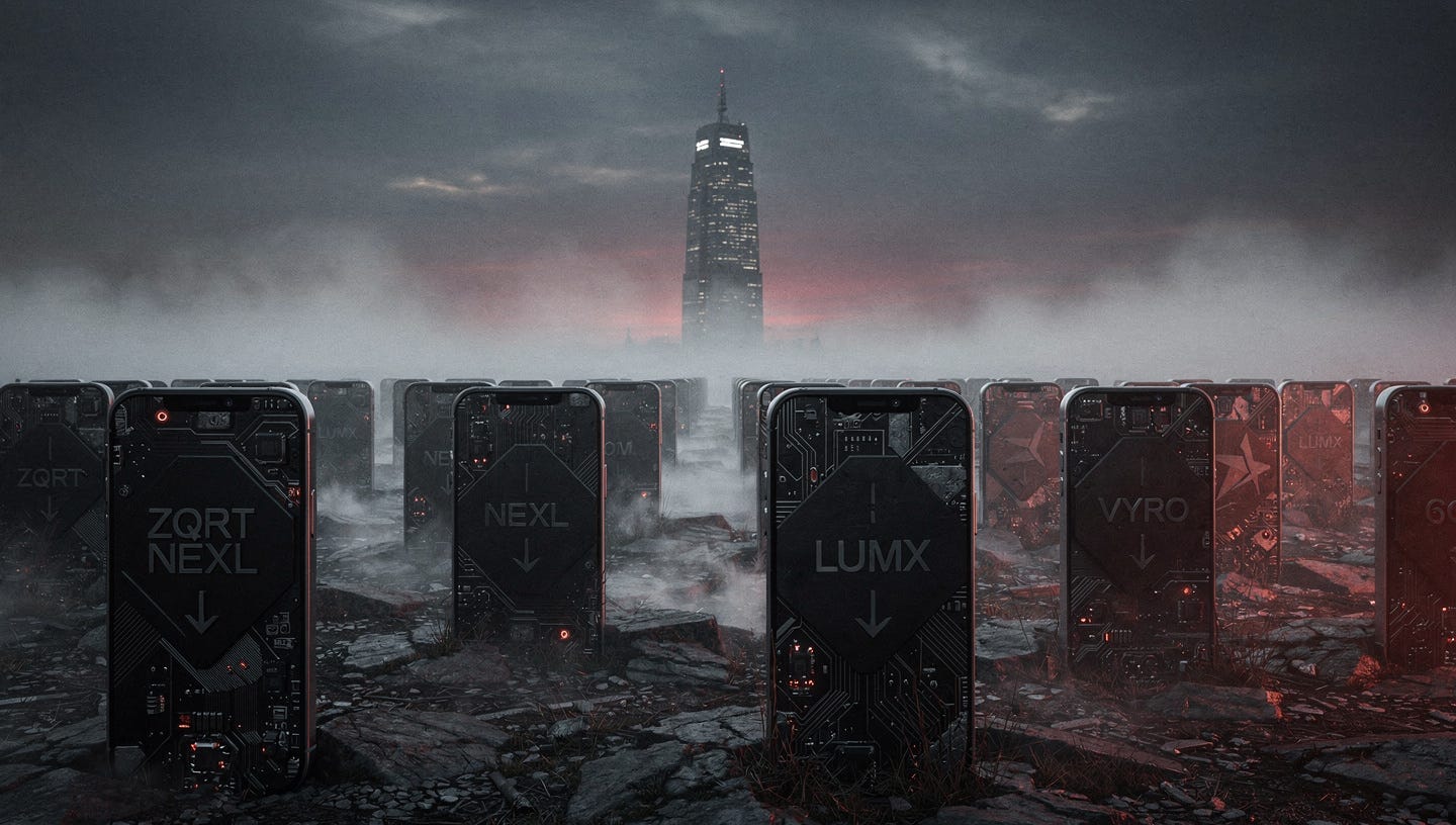 Photorealistic editorial illustration. A graveyard of startups at dusk — rows of tombstones shaped like smartphone screens and circuit boards, each engraved with fictional stock ticker symbols and downward arrows. In the far background, a single faint glowing skyscraper stands alone on the horizon, barely visible through fog. The atmosphere is cold, melancholic, and cinematic. Dark desaturated tones with subtle red and grey palette. Wide format 16:9, no text, no watermarks, ultra-detailed, dramatic low-angle shot.