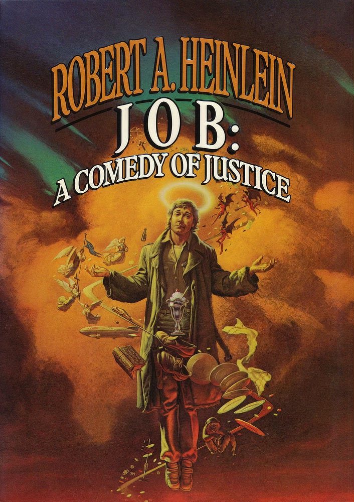 Book cover for JOB: A COMEDY OF JUSTICE by Robert Heinlein, published by Del Rey Books.