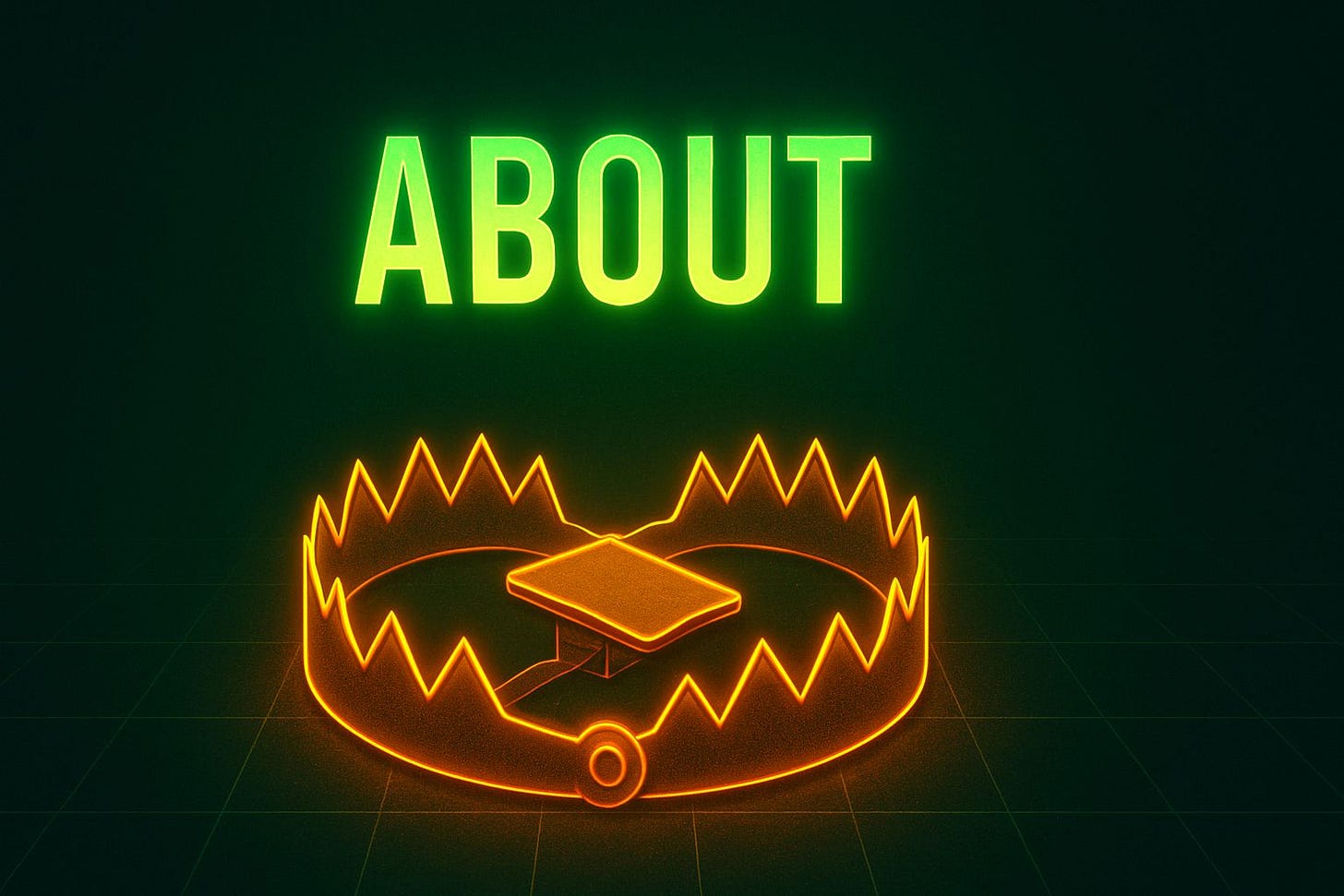 "About" text in neon green above an amber bear trap.