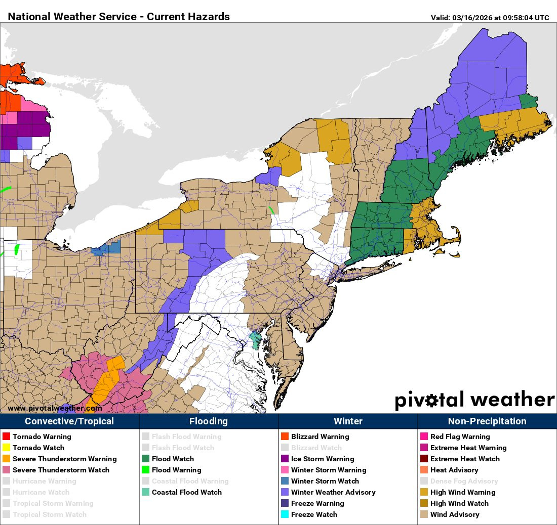 May be an image of map and text that says 'National NatinaWeaterSenieCet Weather Service- Current Hazards -03/16/202609.58:04 09:58:04U Valid: 03/16/2026a Convective/Tropical Tropical Tomado Warning Tomado Watch Severa Thundorstorm Warning Severe Thunderstorm Watch Flooding Winter Flash Flood Warning Flood Watch Flood Watch Flood Warning farning Coastal Flood Watch BlizzardWarning Blizzard Warning Hurricane Watch Tropical Storm Waming Tropical Storm Natch pivotal weather Non-Precipitation Non- Precipitation Flag Warning Extreme Heat Naming Extreme Watch Heat Advisory Storm Waming Winter Warning Winter Storm Winter Weather Advisory Freeze Warning Freeze Watch High Wind Waming High Wind Watch Wind Advisory' May be an image of map and text that says 'National NatinaWeaterSenieCet Weather Service- Current Hazards -03/16/202609.58:04 09:58:04U Valid: 03/16/2026a Convective/Tropical Tropical Tomado Warning Tomado Watch Severa Thundorstorm Warning Severe Thunderstorm Watch Flooding Winter Flash Flood Warning Flood Watch Flood Watch Flood Warning farning Coastal Flood Watch BlizzardWarning Blizzard Warning Hurricane Watch Tropical Storm Waming Tropical Storm Natch pivotal weather Non-Precipitation Non- Precipitation Flag Warning Extreme Heat Naming Extreme Watch Heat Advisory Storm Waming Winter Warning Winter Storm Winter Weather Advisory Freeze Warning Freeze Watch High Wind Waming High Wind Watch Wind Advisory'