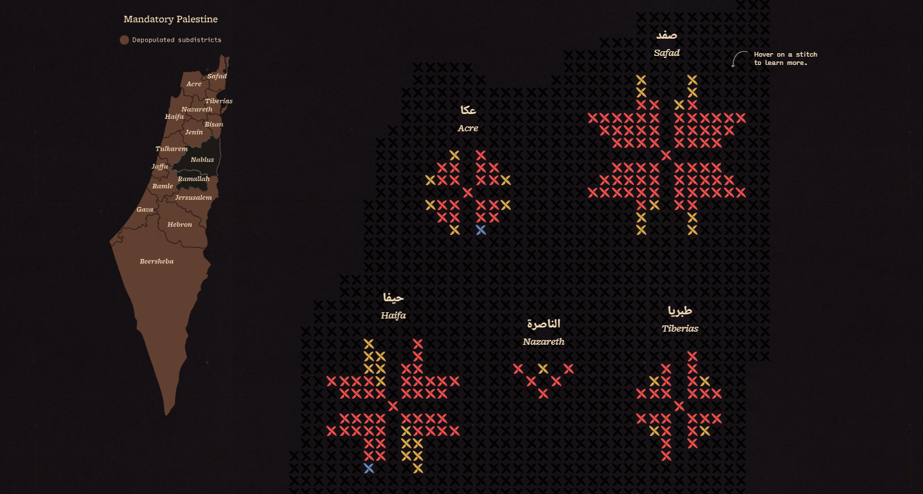: Questa è un'immagine di una mappa interattiva che mostra la Palestina con un focus sui distretti spopolati nel 1948. La parte sinistra dell'immagine mostra una mappa della Palestina con i nomi dei distretti, mentre la parte destra mostra i singoli distretti come motivi di ricamo tatreez. Ciascun ricamo è composto da punti a forma di X. I punti rossi indicano un villaggio distrutto, mentre i punti gialli indicano un villaggio parzialmente danneggiato. I punti blu indicano un villaggio che è stato spopolato ma non distrutto.