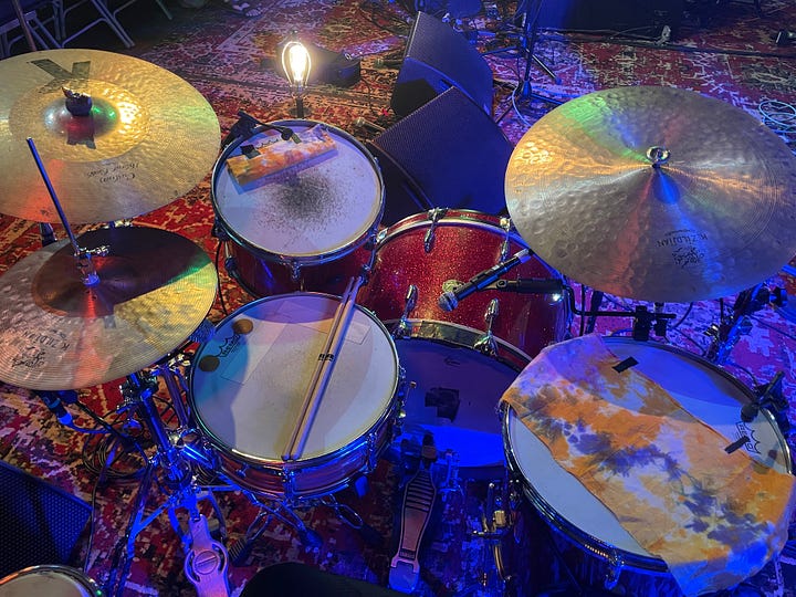 Levon Helm’s Gretsch drums, Liam playing Richard Manuel’s piano